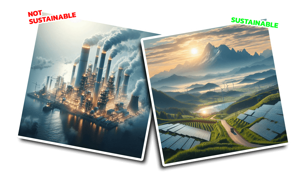 A smoky power plant contrasted with a green hillside featuring solar panels, symbolizing clean, sustainable solar energy solutions.